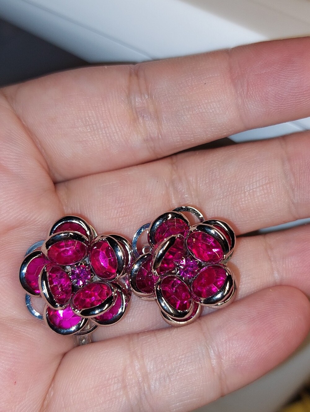 Pink Gem Flower Clip Earrings - Women Jewelry